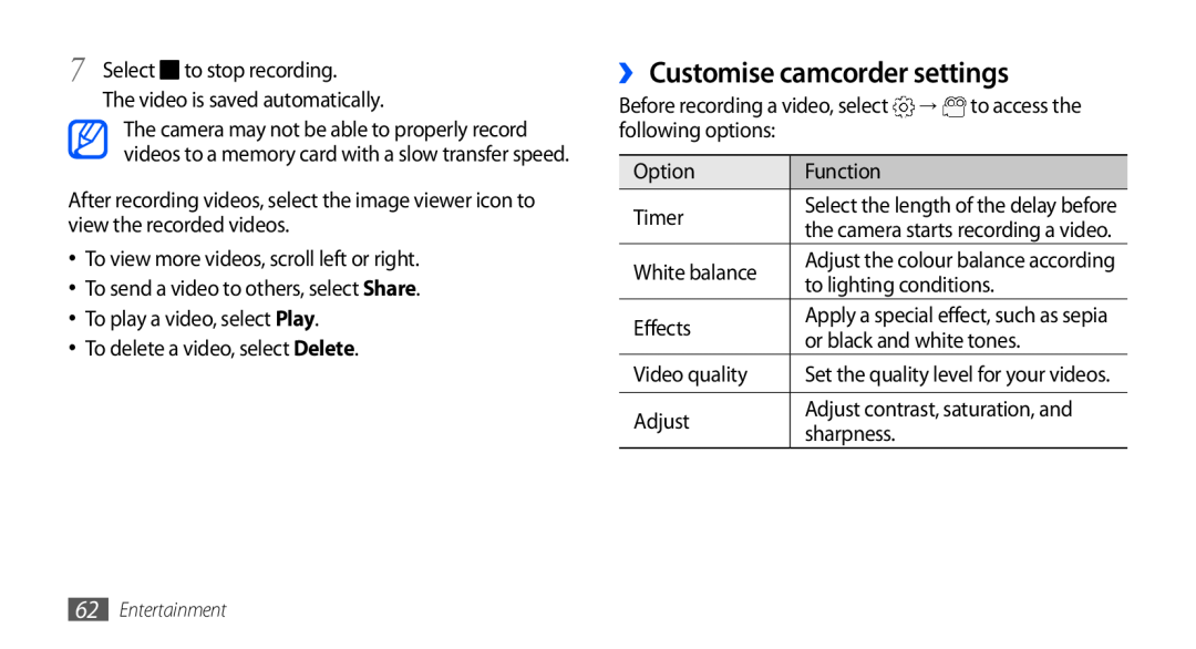 Samsung GT-I9001HKDVIA manual ›› Customise camcorder settings, following options, Adjust contrast, saturation, and 