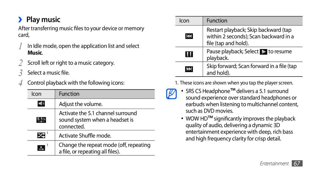 Samsung GT-I9001RWDDTM, GT-I9001HKDEPL, GT-I9001HKDATO, GT-I9001HKDVIA, GT-I9001HKDVD2, GT-I9001HKDTUR ›› Play music, Music 