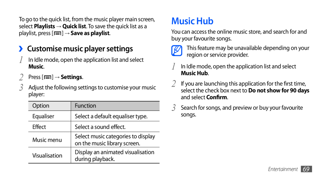 Samsung GT-I9001HKDEUR, GT-I9001HKDEPL, GT-I9001HKDATO, GT-I9001HKDVIA manual Music Hub, ›› Customise music player settings 
