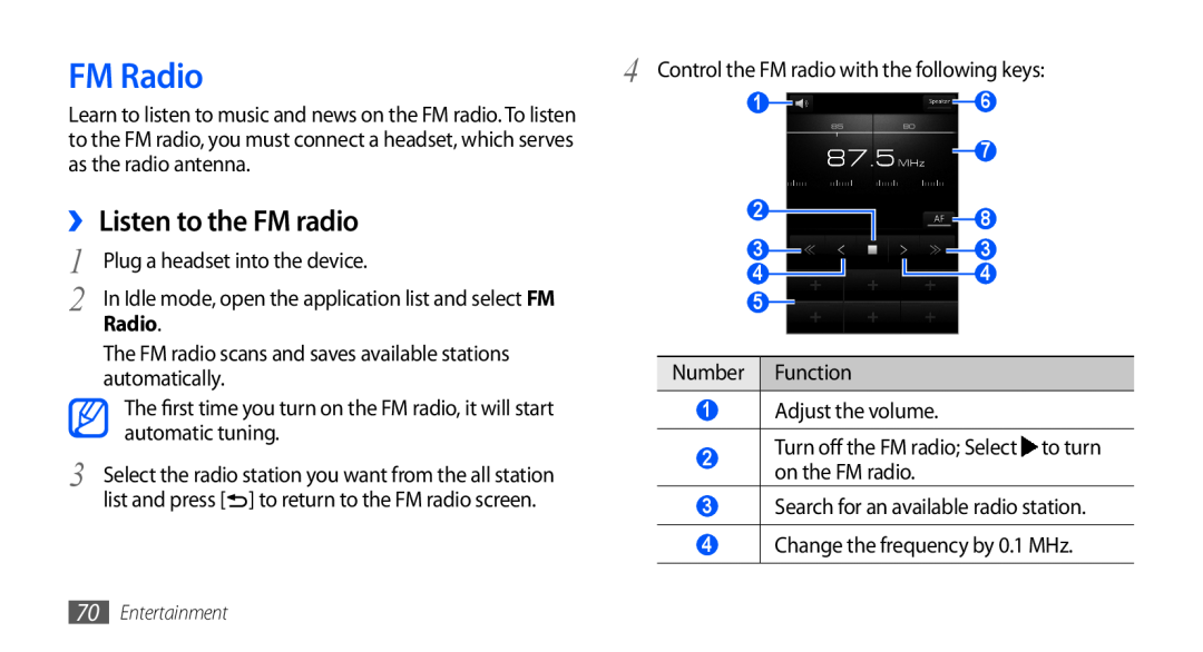 Samsung GT-I9001RWDDBT, GT-I9001HKDEPL, GT-I9001HKDATO, GT-I9001HKDVIA, GT-I9001HKDVD2 FM Radio, ››Listen to the FM radio 
