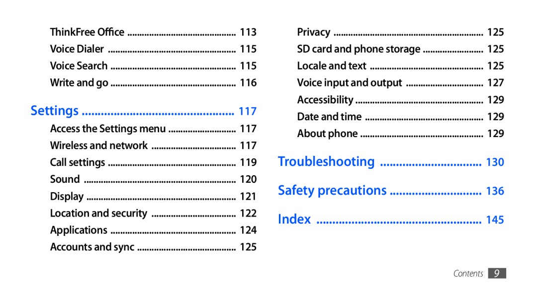 Samsung GT-I9001HKDEUR, GT-I9001HKDEPL, GT-I9001HKDATO, GT-I9001HKDVIA Settings, Troubleshooting, Safety precautions, Index 