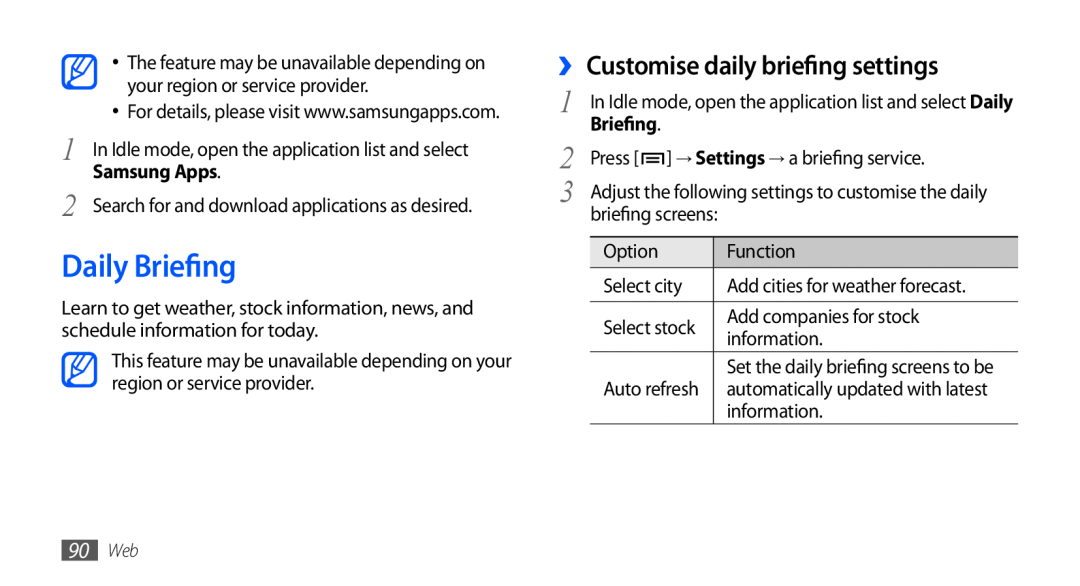 Samsung GT-I9001HKDEPL, GT-I9001HKDATO, GT-I9001HKDVIA, GT-I9001HKDVD2 Daily Briefing, ›› Customise daily briefing settings 