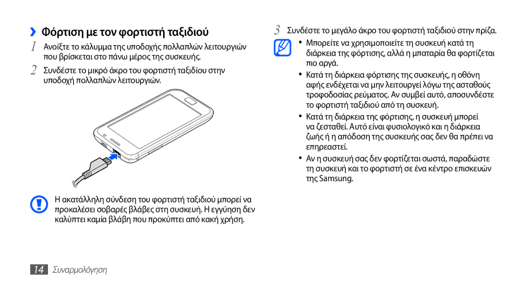 Samsung GT-I9001RWDEUR, GT-I9001HKDEUR, GT-I9001HKDCYO, GT-I9001HKDCOS ››Φόρτιση με τον φορτιστή ταξιδιού, 14 Συναρμολόγηση 