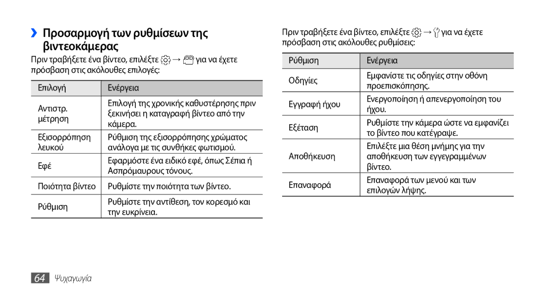 Samsung GT-I9001HKDEUR, GT-I9001HKDCYO, GT-I9001RWDEUR manual ››Προσαρμογή των ρυθμίσεων της βιντεοκάμερας, 64 Ψυχαγωγία 