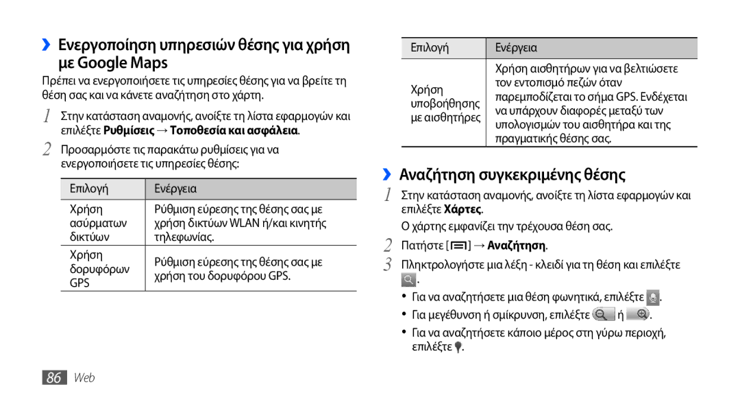 Samsung GT-I9001RWDEUR ››Ενεργοποίηση υπηρεσιών θέσης για χρήση με Google Maps, ››Αναζήτηση συγκεκριμένης θέσης, 86 Web 