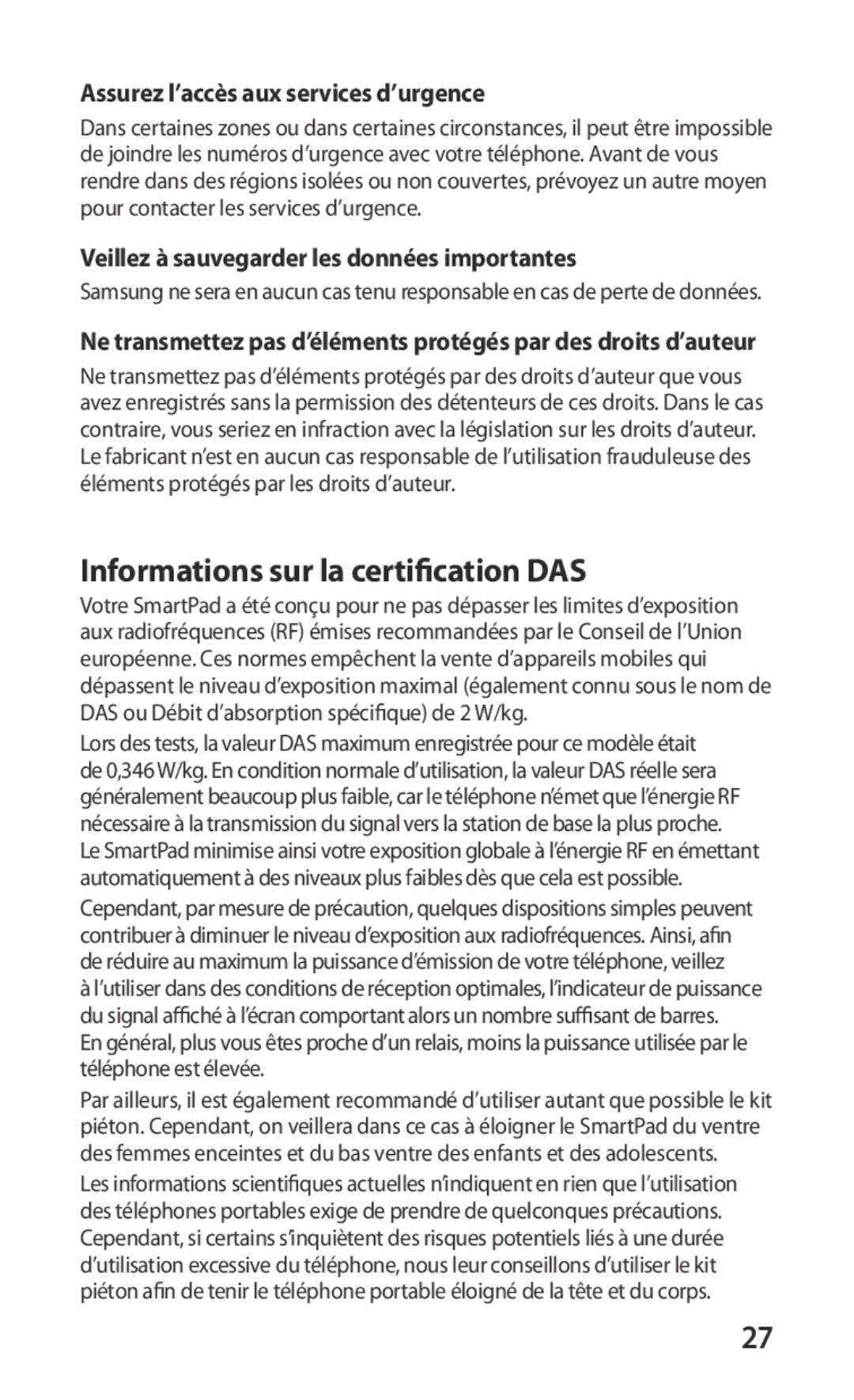 Samsung GT-I9001HKDMTL, GT-I9001HKDGBL manual Informations sur la certification DAS, Assurez l’accès aux services d’urgence 