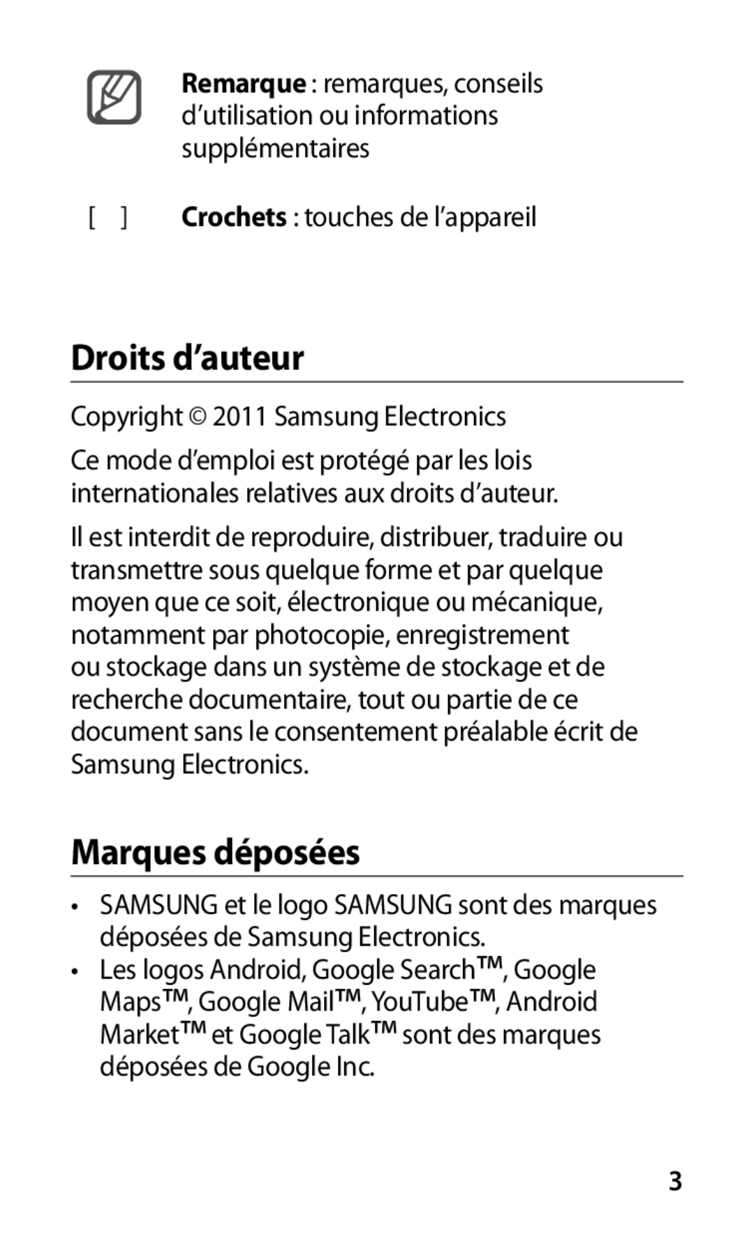 Samsung GT-I9001HKDMTL, GT-I9001HKDGBL manual Droits d’auteur, Marques déposées 