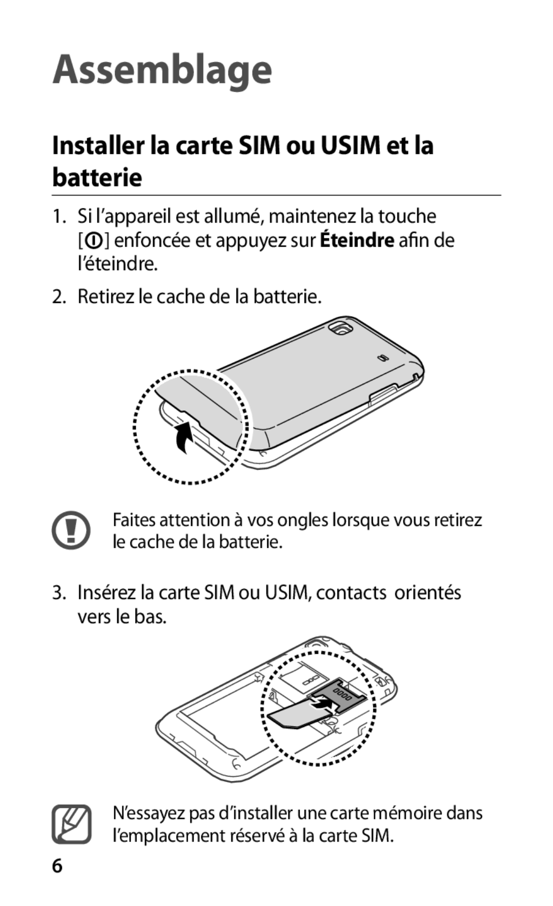 Samsung GT-I9001HKDGBL, GT-I9001HKDMTL manual Assemblage, Installer la carte SIM ou Usim et la batterie 