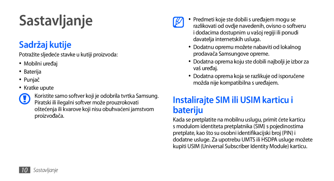 Samsung GT2I9001HKDTWO, GT-I9001HKDMKO manual Sastavljanje, Sadržaj kutije, Instalirajte SIM ili Usim karticu i bateriju 