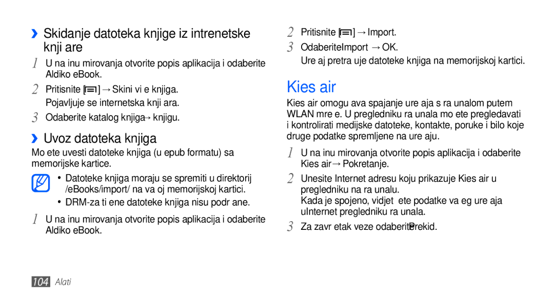 Samsung GT-I9001HKDTWO manual Kies air, ››Skidanje datoteka knjige iz intrenetske knjižare, ››Uvoz datoteka knjiga 