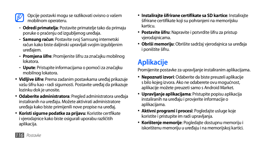 Samsung GT-I9001HKDVIP, GT-I9001HKDMKO, GT-I9001HKDSMO, GT-I9001HKDCRO, GT2I9001HKDVIP, GT-I9001HKDTRA manual Aplikacije 