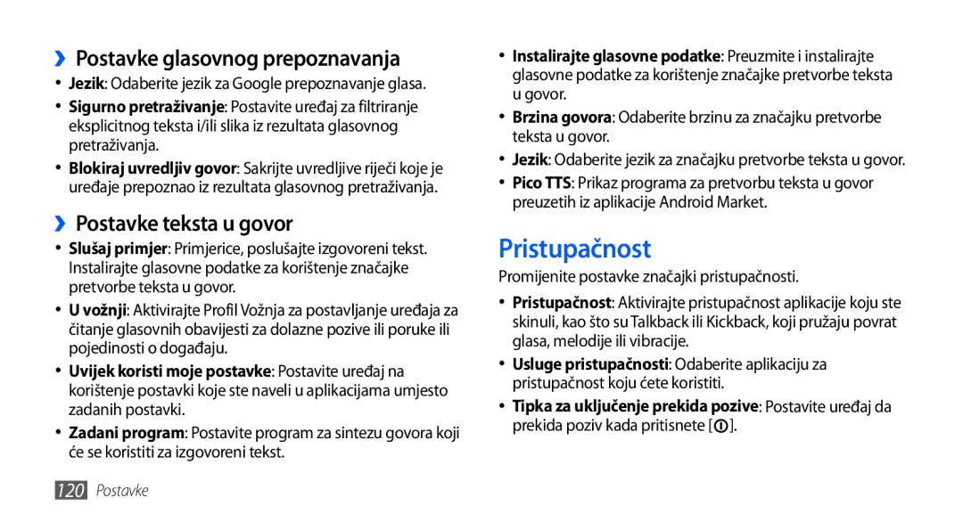 Samsung GT2I9001HKDTWO, GT-I9001HKDMKO manual Pristupačnost, ››Postavke glasovnog prepoznavanja, ››Postavke teksta u govor 