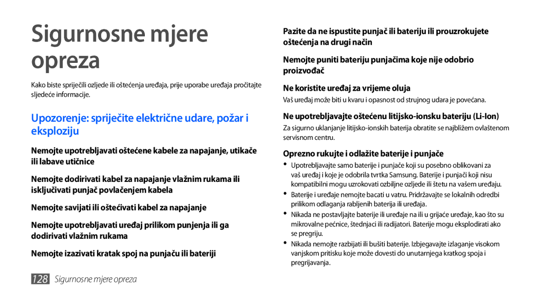 Samsung GT2I9001HKDCRO, GT-I9001HKDMKO Sigurnosne mjere opreza, Upozorenje spriječite električne udare, požar i eksploziju 