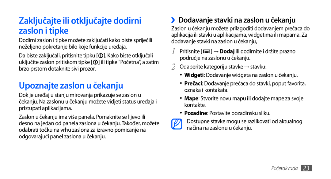 Samsung GT-I9001HKDSMO, GT-I9001HKDMKO manual Zaključajte ili otključajte dodirni zaslon i tipke, Upoznajte zaslon u čekanju 