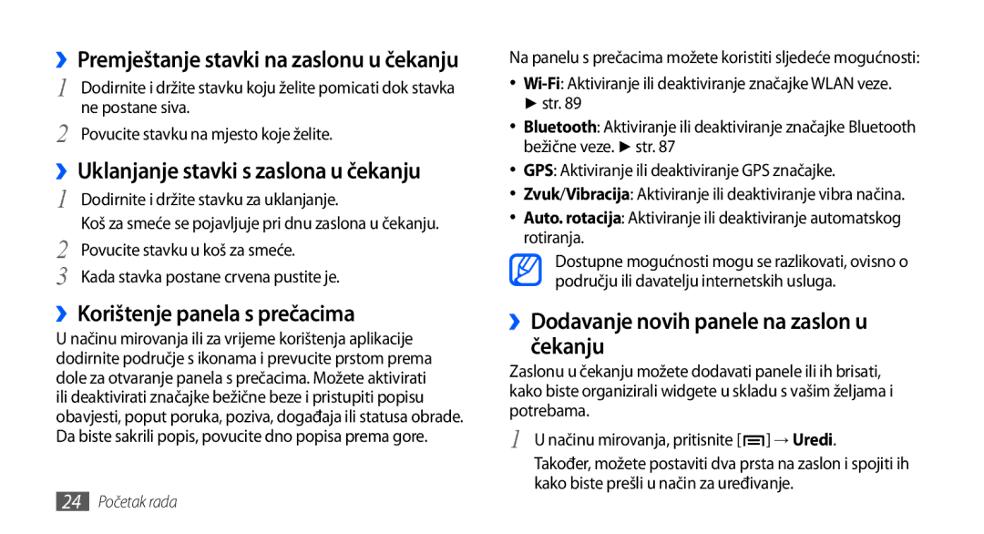 Samsung GT-I9001HKDCRO, GT-I9001HKDMKO manual ››Korištenje panela s prečacima, ››Dodavanje novih panele na zaslon u čekanju 