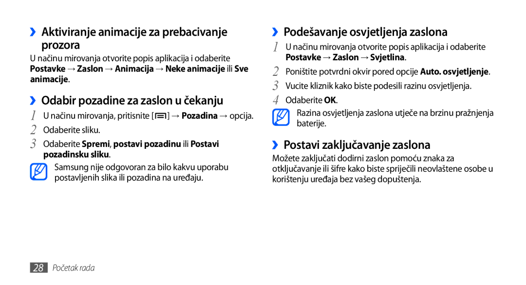 Samsung GT-I9001HKDVIP, GT-I9001HKDMKO ››Aktiviranje animacije za prebacivanje prozora, ››Podešavanje osvjetljenja zaslona 