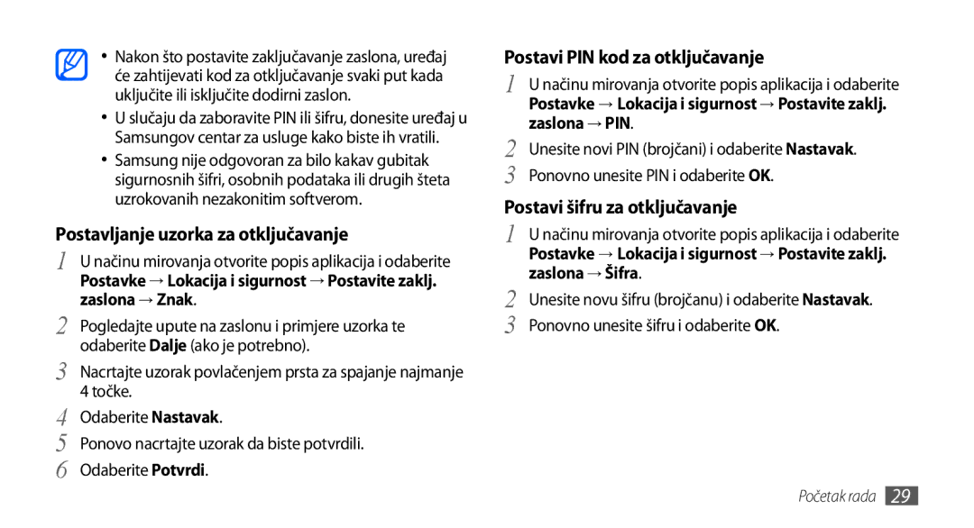 Samsung GT2I9001HKDCRO, GT-I9001HKDMKO manual Postavljanje uzorka za otključavanje, Postavi PIN kod za otključavanje 