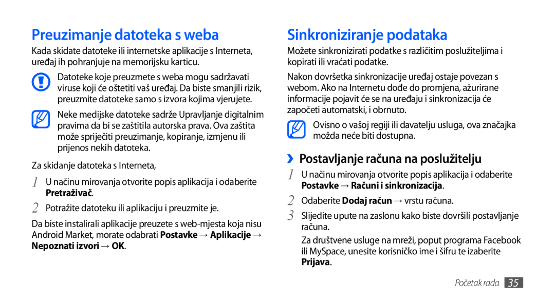 Samsung GT-I9001HKDCRO manual Preuzimanje datoteka s weba, Sinkroniziranje podataka, ››Postavljanje računa na poslužitelju 