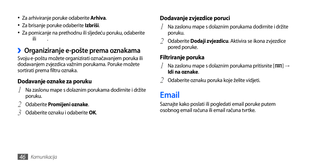 Samsung GT-I9001HKDCRO ››Organiziranje e-pošte prema oznakama, Dodavanje oznake za poruku, Dodavanje zvjezdice poruci 