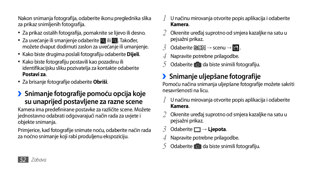 Samsung GT-I9001HKDMBM, GT-I9001HKDMKO, GT-I9001HKDSMO manual ››Snimanje uljepšane fotografije, Postavi za, Kamera, → Ljepota 