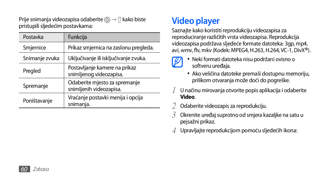 Samsung GT-I9001HKDTWO, GT-I9001HKDMKO manual Video player, Pristupili sljedećim postavkama Postavka Funkcija Smjernice 