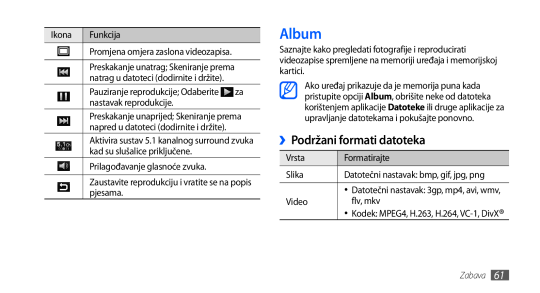 Samsung GT-I9001HKDVIP, GT-I9001HKDMKO, GT-I9001HKDSMO, GT-I9001HKDCRO, GT2I9001HKDVIP Album, ››Podržani formati datoteka 