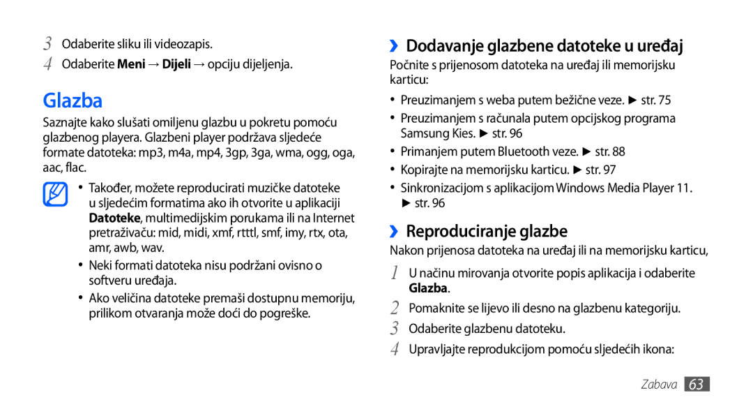 Samsung GT-I9001HKDMBM, GT-I9001HKDMKO manual Glazba, ››Reproduciranje glazbe, ››Dodavanje glazbene datoteke u uređaj 