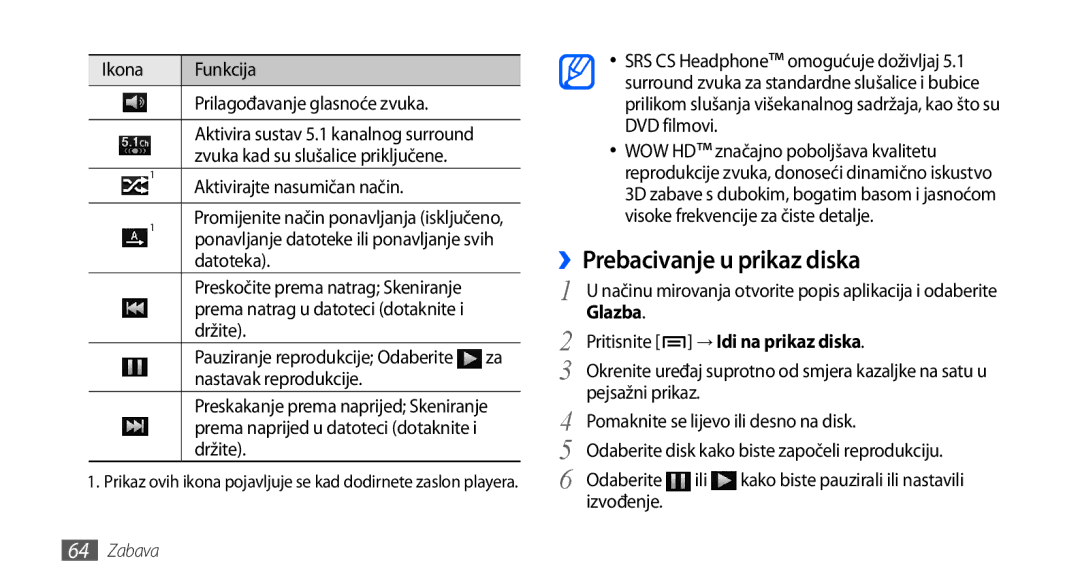 Samsung GT-I9001RWDTWO, GT-I9001HKDMKO, GT-I9001HKDSMO manual ››Prebacivanje u prikaz diska, Glazba, → Idi na prikaz diska 