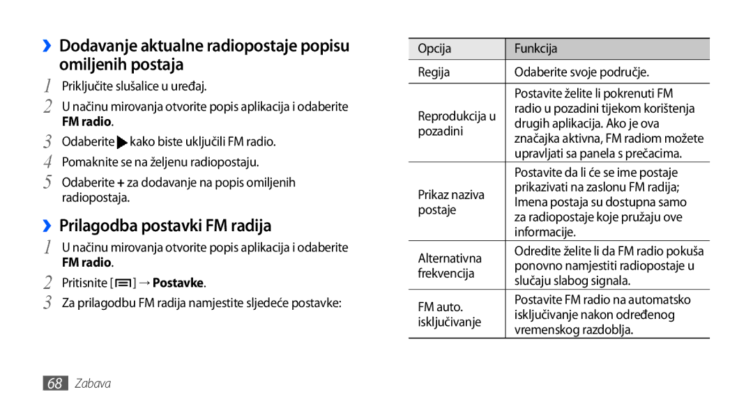 Samsung GT-I9001HKDCRO manual ››Prilagodba postavki FM radija, ››Dodavanje aktualne radiopostaje popisu omiljenih postaja 