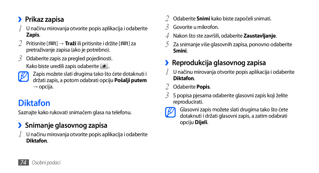 Samsung GT-I9001HKDMBM, GT-I9001HKDMKO, GT-I9001HKDSMO manual Diktafon, ››Prikaz zapisa, ››Snimanje glasovnog zapisa 