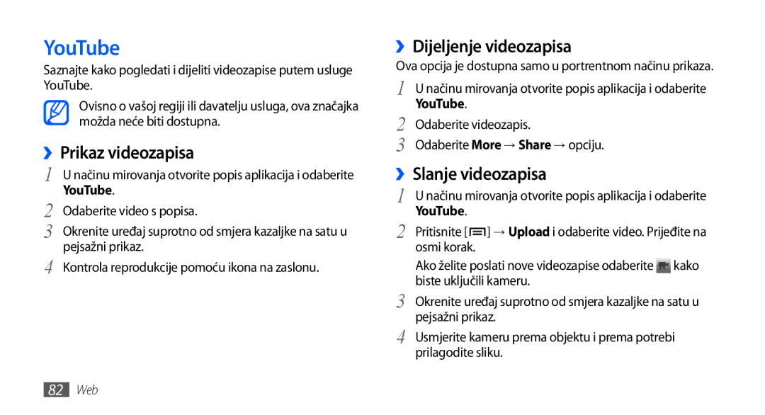 Samsung GT-I9001HKDTWO, GT-I9001HKDMKO manual YouTube, ››Prikaz videozapisa, ››Dijeljenje videozapisa, ››Slanje videozapisa 