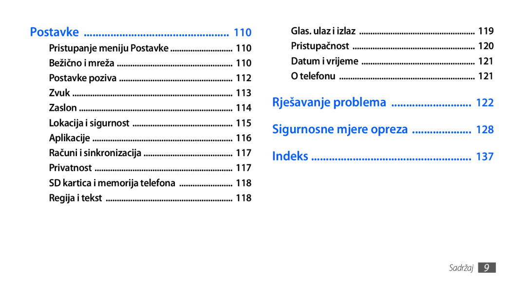 Samsung GT-I9001RWDTWO, GT-I9001HKDMKO, GT-I9001HKDSMO, GT-I9001HKDCRO manual Postavke 110, Rješavanje problema 122, 128, 137 