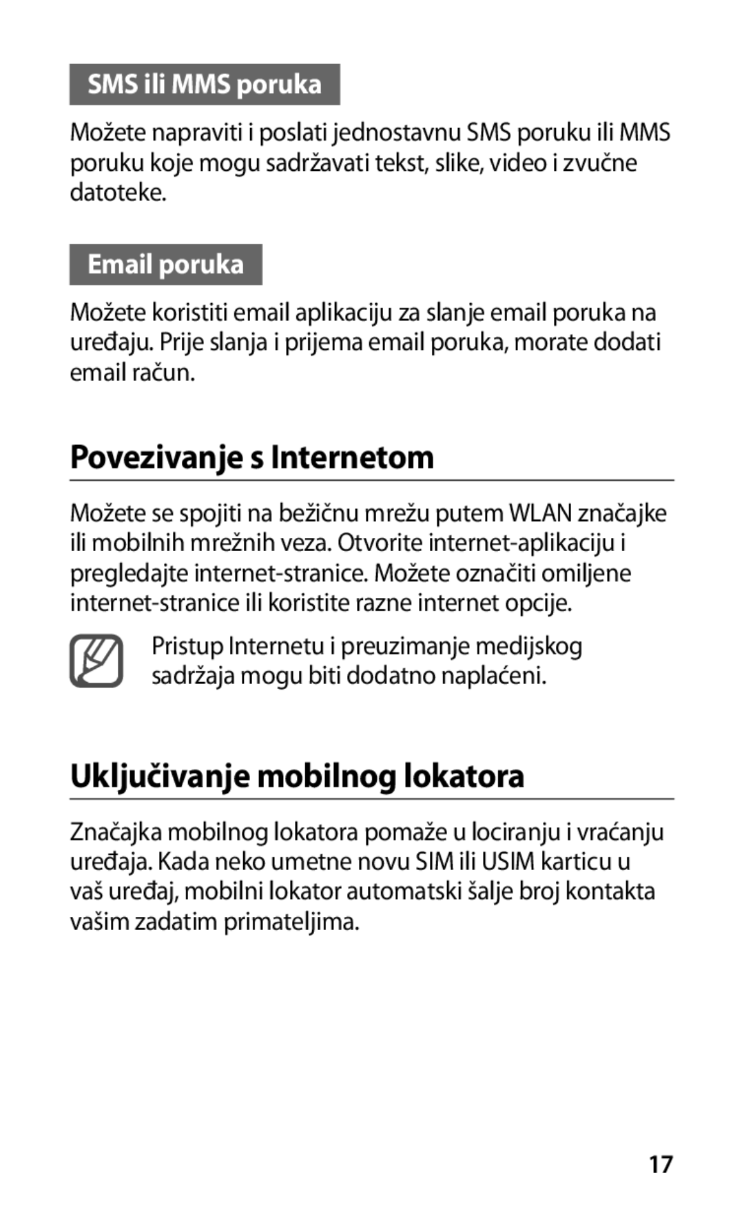 Samsung GT-I9001HKDTWO manual Povezivanje s Internetom, Uključivanje mobilnog lokatora, SMS ili MMS poruka, Email poruka 