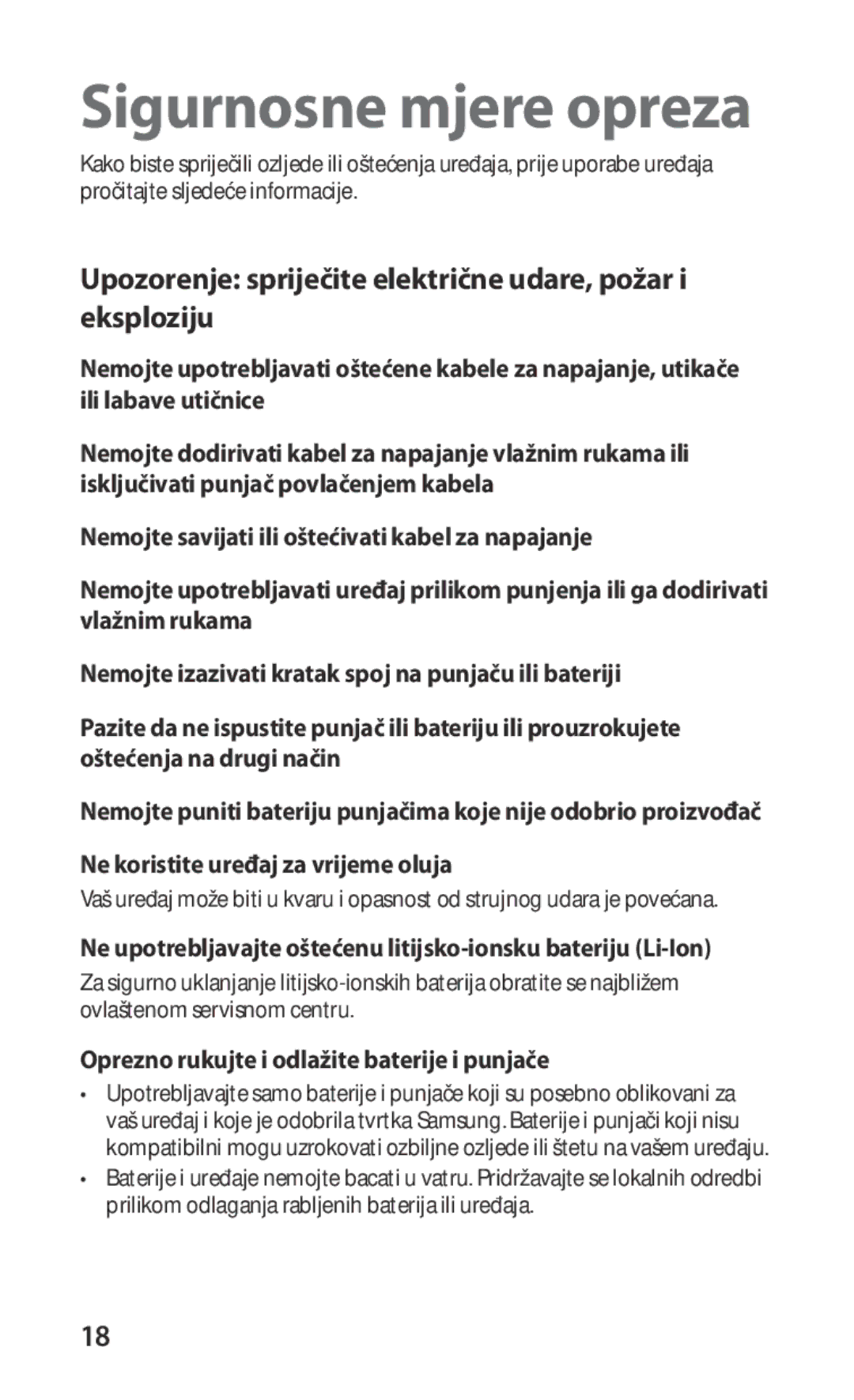 Samsung GT-I9001HKDVIP, GT-I9001HKDMKO, GT-I9001HKDTWO manual Upozorenje spriječite električne udare, požar i eksploziju 