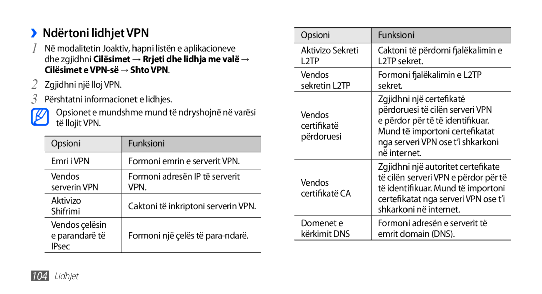 Samsung GT2I9001HKDMSR, GT-I9001HKDMKO, GT-I9001RWDMSR, GT2I9001HKDSMO ››Ndërtoni lidhjet VPN, Cilësimet e VPN-së → Shto VPN 