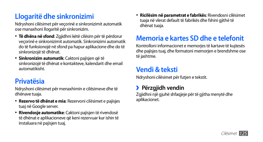 Samsung GT-I9001HKDTOP manual Llogaritë dhe sinkronizimi, Privatësia, Memoria e kartes SD dhe e telefonit, Vendi & teksti 