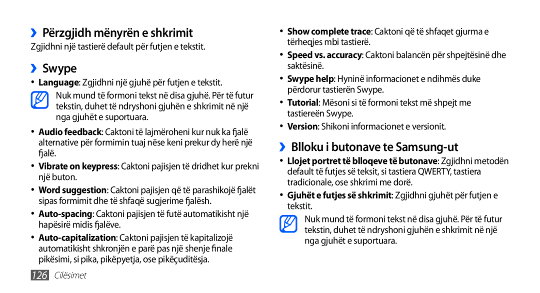Samsung GT-I9001HKDMSR, GT-I9001HKDMKO manual ››Përzgjidh mënyrën e shkrimit, ››Swype, ››Blloku i butonave te Samsung-ut 