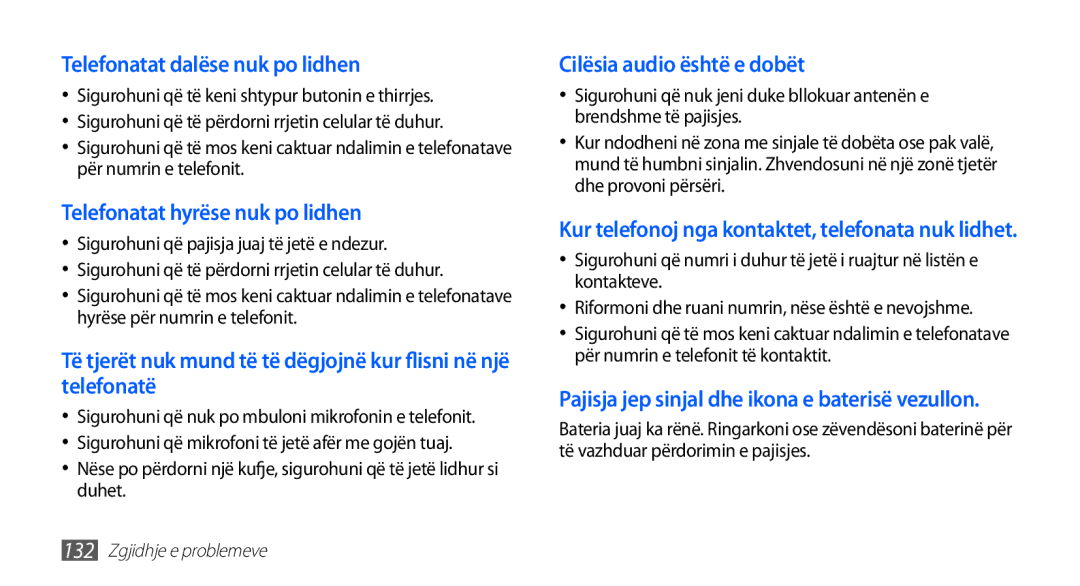 Samsung GT-I9001HKDMKO, GT-I9001RWDMSR, GT2I9001HKDSMO, GT-I9001HKDSMO, GT-I9001HKDTSR manual Telefonatat dalëse nuk po lidhen 