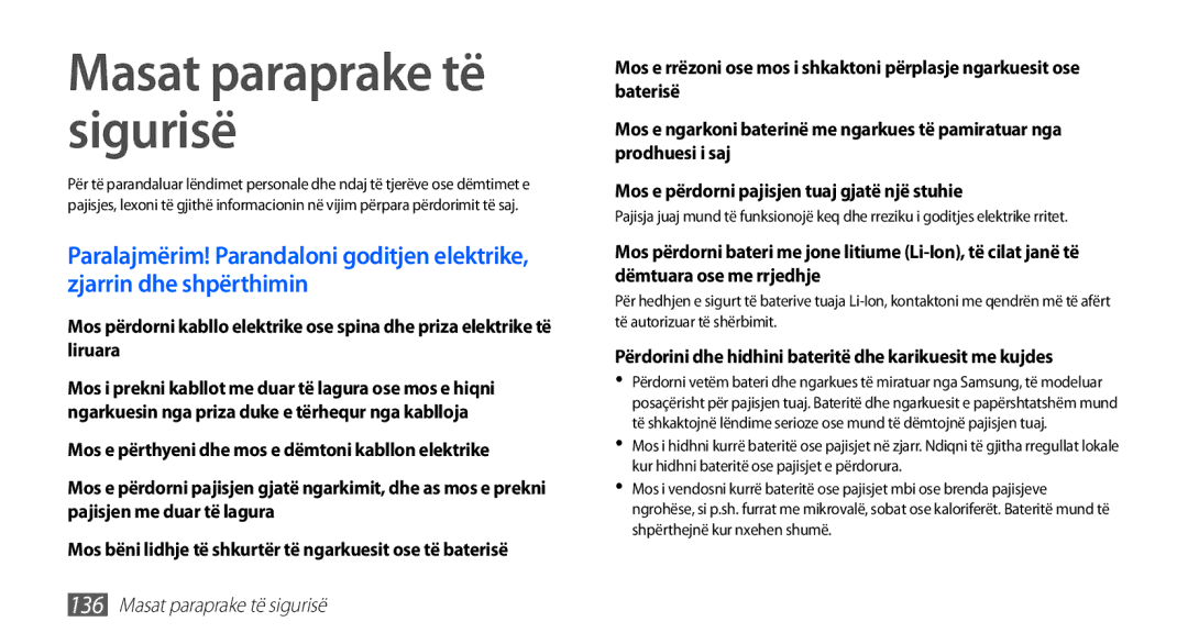 Samsung GT-I9001HKDTSR manual Masat paraprake të sigurisë, Përdorini dhe hidhini bateritë dhe karikuesit me kujdes 