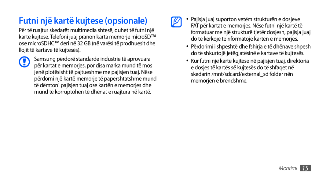 Samsung GT-I9001HKDSMO, GT-I9001HKDMKO, GT-I9001RWDMSR, GT2I9001HKDSMO, GT-I9001HKDTSR manual Futni një kartë kujtese opsionale 