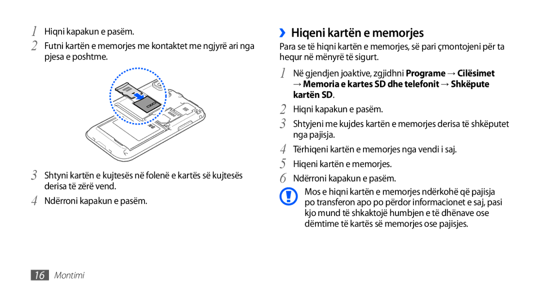 Samsung GT-I9001HKDTSR ››Hiqeni kartën e memorjes, Kartën SD, Nga pajisja, Tërhiqeni kartën e memorjes nga vendi i saj 