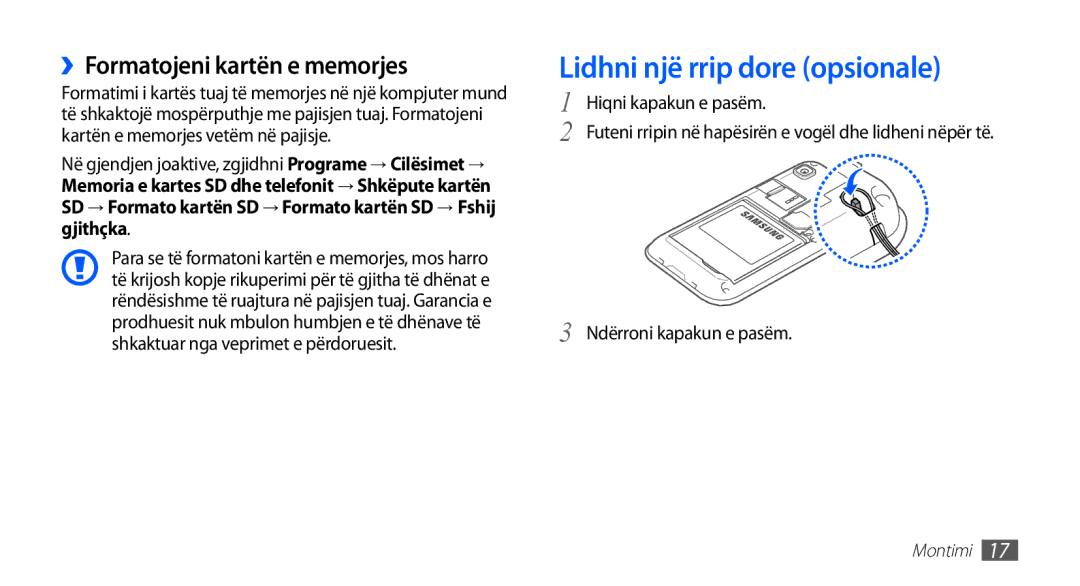 Samsung GT-I9001HKDTOP, GT-I9001HKDMKO, GT-I9001RWDMSR manual Lidhni një rrip dore opsionale, ››Formatojeni kartën e memorjes 