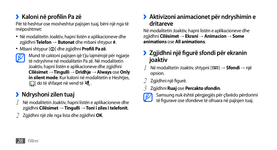 Samsung GT-I9001HKDTSR manual ››Kaloni në profilin Pa zë, ››Ndryshoni zilen tuaj, Zgjidhni Ruaj ose Percakto sfondin 