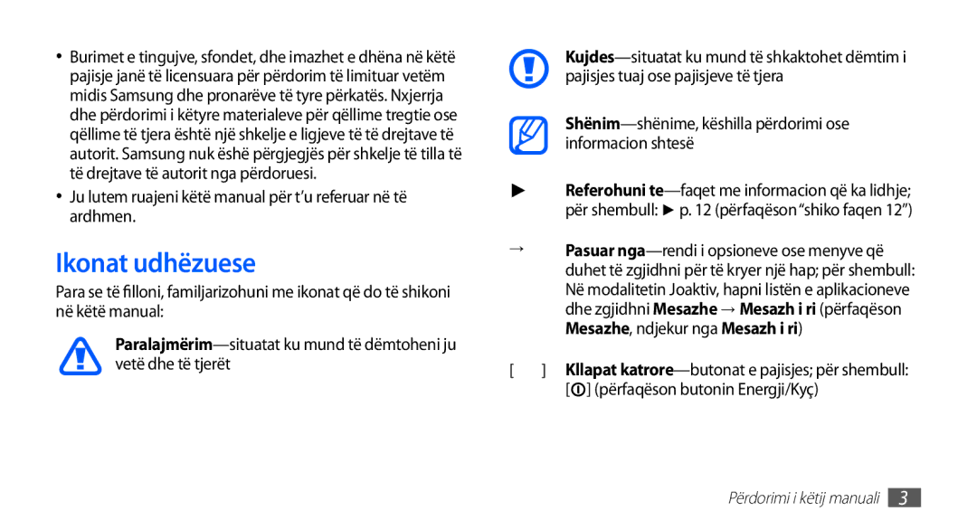 Samsung GT-I9001HKDSMO, GT-I9001HKDMKO Ikonat udhëzuese, Ju lutem ruajeni këtë manual për t’u referuar në të ardhmen 