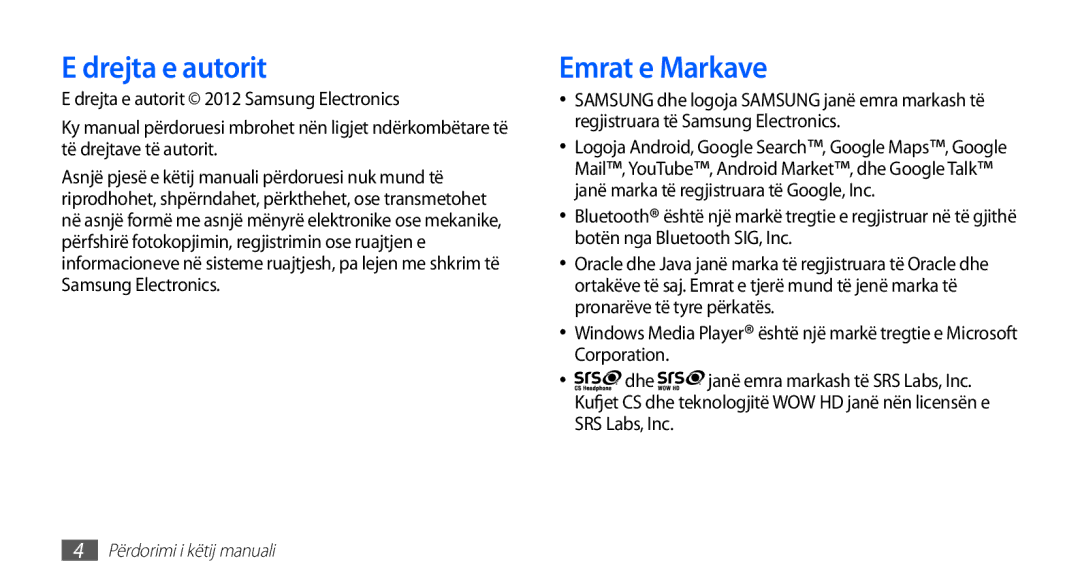 Samsung GT-I9001HKDTSR, GT-I9001HKDMKO, GT-I9001RWDMSR, GT2I9001HKDSMO, GT-I9001HKDSMO manual Drejta e autorit, Emrat e Markave 