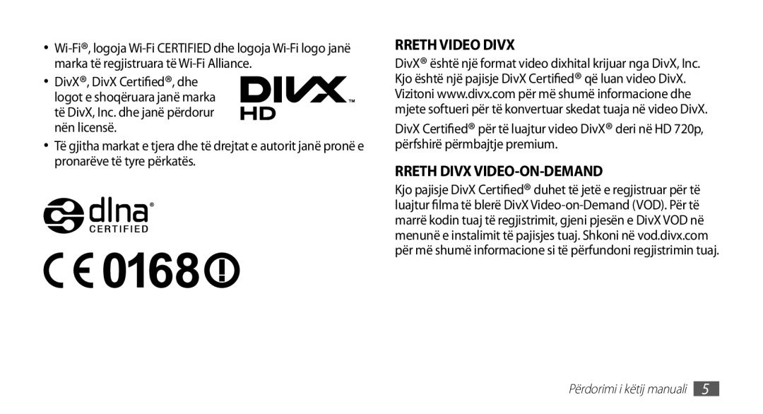 Samsung GT-I9001HKDTOP, GT-I9001HKDMKO, GT-I9001RWDMSR, GT2I9001HKDSMO manual Të DivX, Inc. dhe janë përdorur nën licensë 