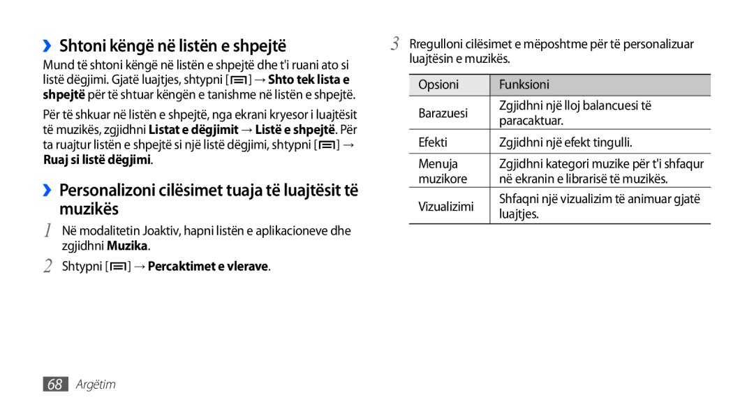 Samsung GT2I9001HKDMSR manual ››Shtoni këngë në listën e shpejtë, Muzikës, ››Personalizoni cilësimet tuaja të luajtësit të 