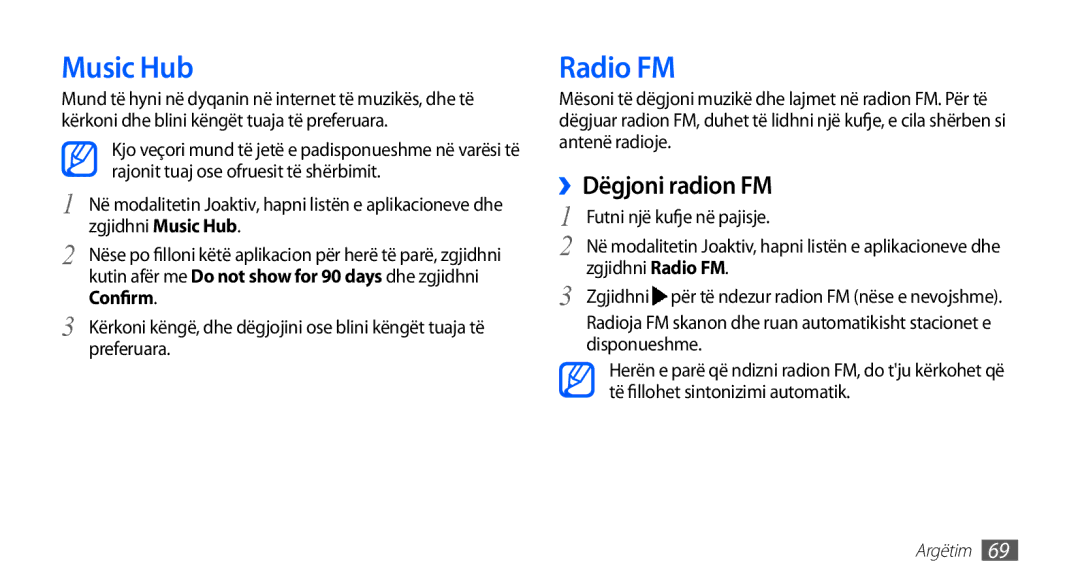 Samsung GT-I9001HKDCRO, GT-I9001HKDMKO, GT-I9001RWDMSR, GT2I9001HKDSMO manual Music Hub, Radio FM, ››Dëgjoni radion FM 