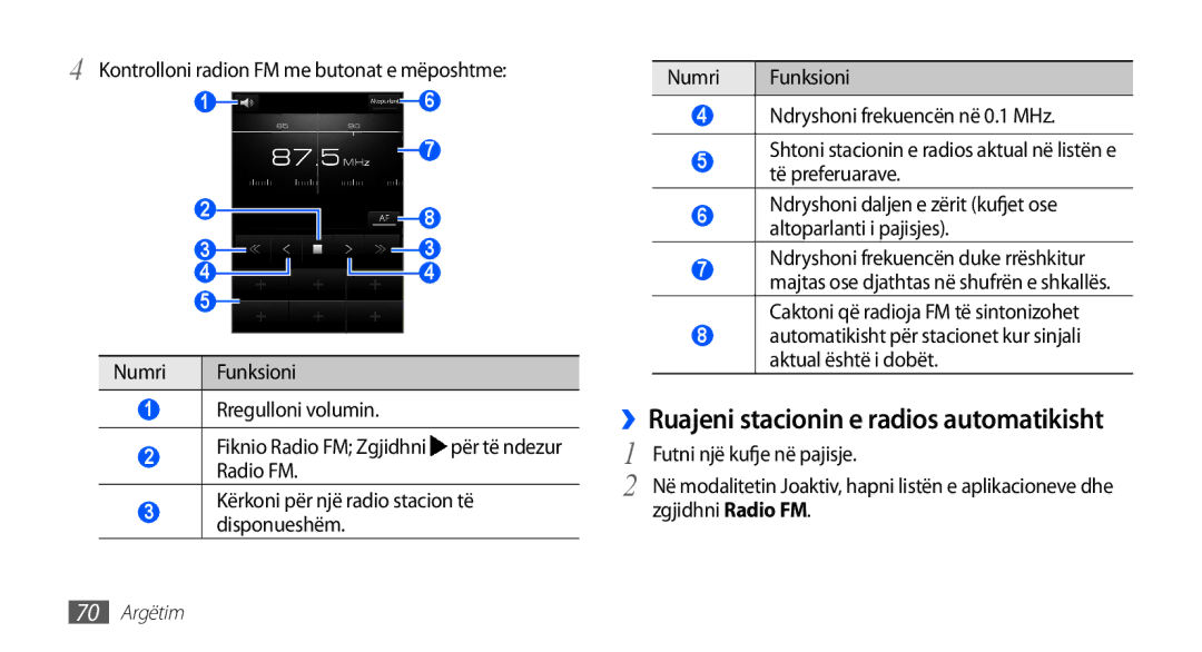 Samsung GT-I9001HKDALB manual ››Ruajeni stacionin e radios automatikisht, Kontrolloni radion FM me butonat e mëposhtme 