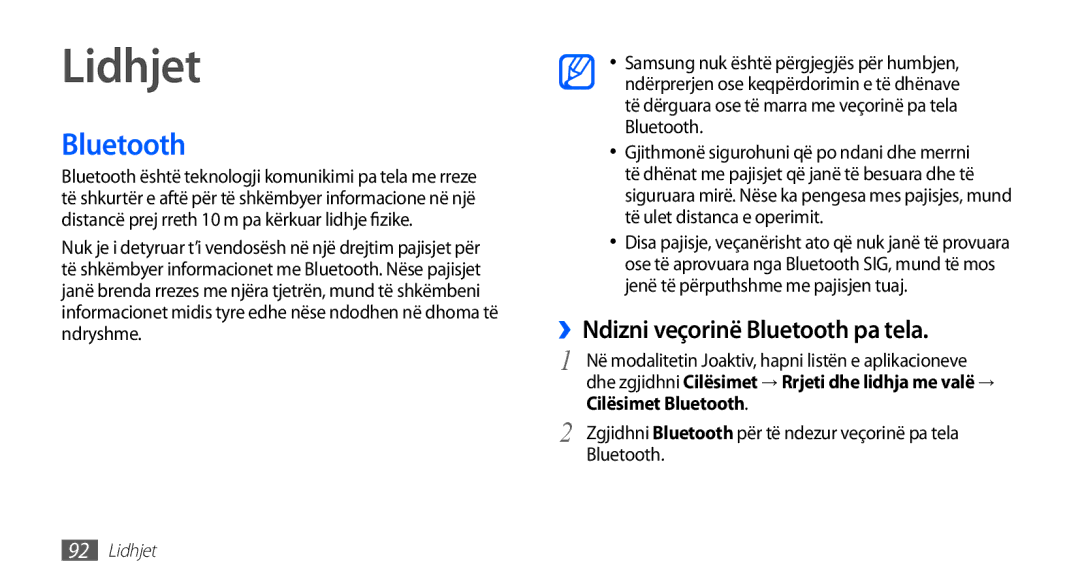 Samsung GT2I9001HKDMSR, GT-I9001HKDMKO manual Lidhjet, ››Ndizni veçorinë Bluetooth pa tela, Cilësimet Bluetooth 